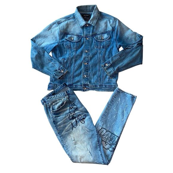 Akoo Other - VTG AKOO Redline 2 Piece Denim Set Button Up Jean Jacket & Pants SZ M TOP 36X32